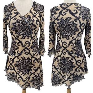Komarov Damask Floral Print Tunic Top Blouse Lettuce Hem Surplice V Neck Large